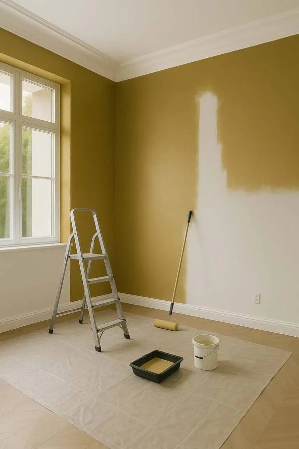 Salón vacío durante una reforma, con una pared a medio pintar